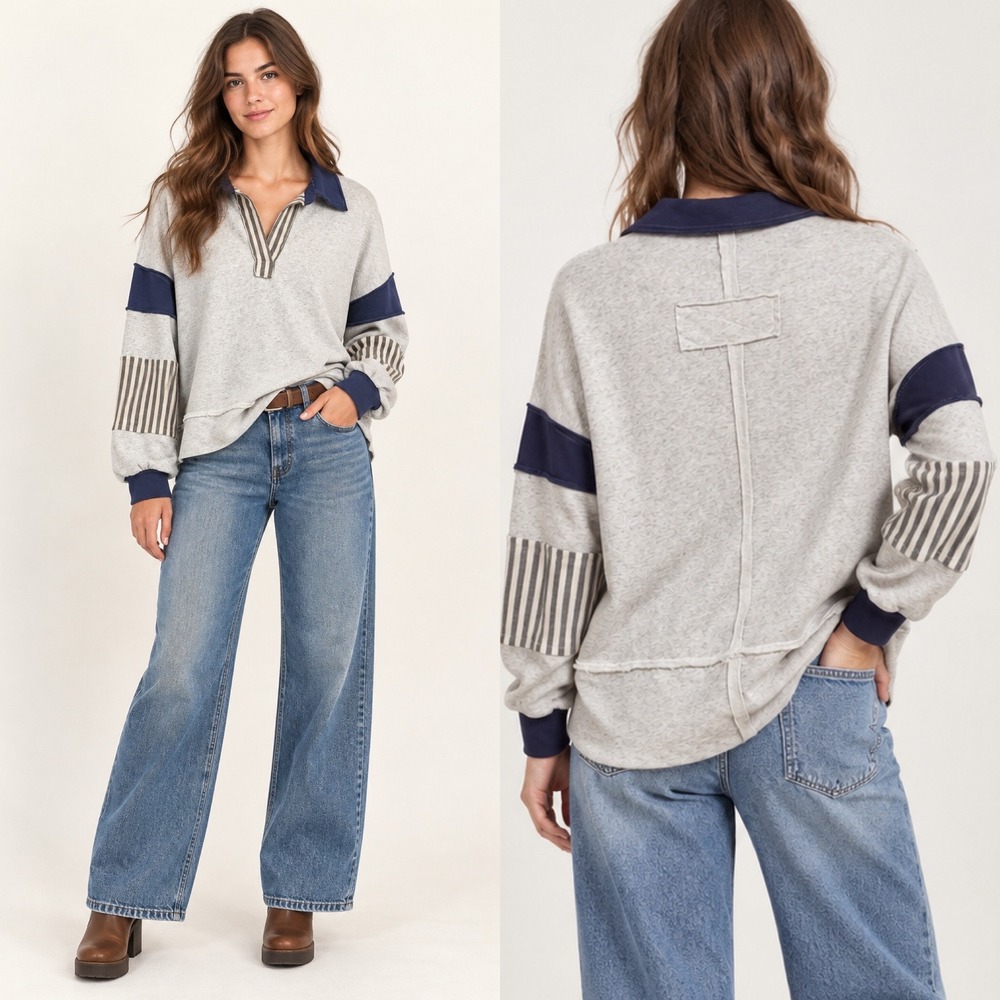 BIB! Pullover Top Size M Gray Mixed Media Striped V-Neck Long Sleeve IP9531-03